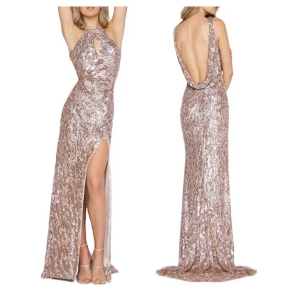 MAC DUGGAL Iridescent Rainbow Sequin Halter Gown Dress Size 10